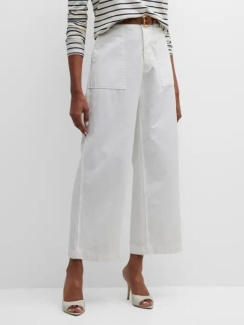 Nili Lotan Leon Boy Pants White Linen High Rise Wide Leg Cargo Crop Size 8
